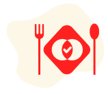 Red utensils and plate on abstract background.